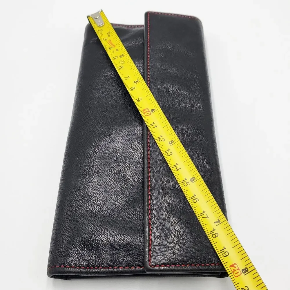 Vintage Tusk Black Red Genuine Leather Slim Trifold Snap Button Wallet Classic